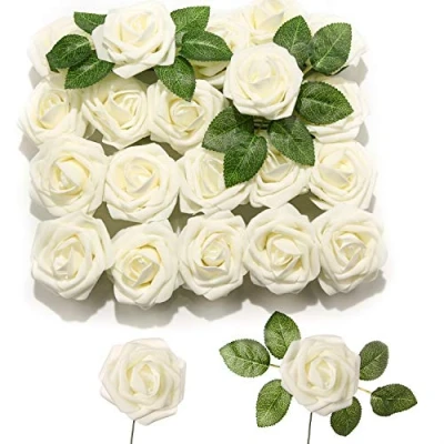 Image of PartyWoo Artificial Flowers, 20 pcs Roses with Stems, Fake Foam Ivory White Valentines Day Decor, Decorations