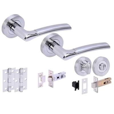 Image of HANDLEZONE® Columba Premium Door Handles on Rose Bathroom Deadbolt Pack with 75mm Ball Bearing Hinges, 65mm Latch and Lock Dual Polished/Satin Chrome