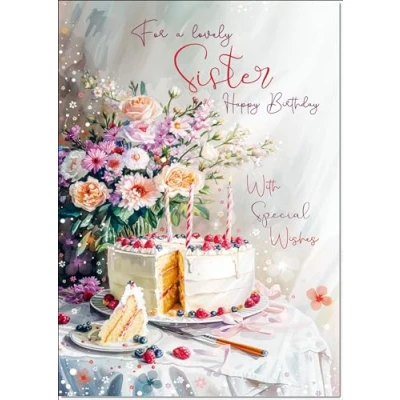 Image of doodlecards Sister Birthday Card Cake and Flowers Medium Size with Plain Envelope