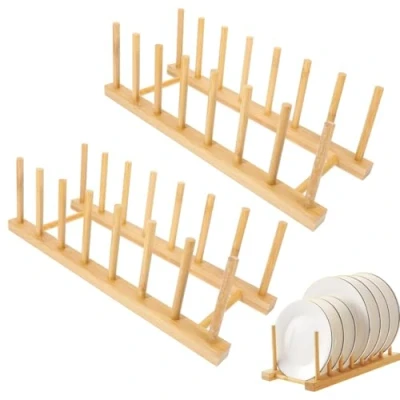 Image of JJiaoLinin Dish Rack, 2 Pack Bamboo Cupboards Pot Lid Holder, Drying Plate Holder Organizers for Plates, Bowls, Cups, Lids, Cutting Boards, Books