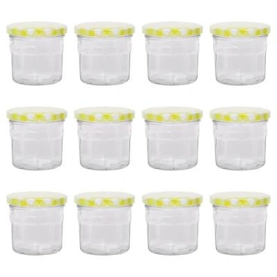 Image of Argon Tableware 12x 130ml Glass Jam Jars with Yellow Gingham Lids Empty Screw Top Kitchen Food Honey Spice Preserving Canning Storage Jar Set