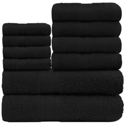 Image of GC GAVENO CAVAILIA Soft Towels 10 Piece Bathroom Bale Set Premium Quality Water Absorbent Towel, 4 Face Hand 2 Bath 450 GSM Washable Set, Black,553014