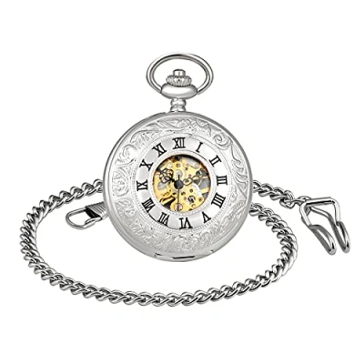 Image of MICGIGI Unisex Pocket Watch Mechanical Hand Wind Classic Analogue Skeleton Fob Watches with Chain