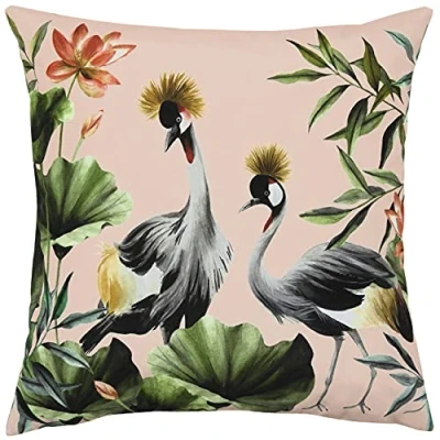 Image of Evans Lichfield Cranes Outdoor Cushion Cover, Blush/Forest, 43 x 43cm