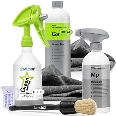 Image of detailmate Koch Chemie GreenStar Universal Cleaner 1 L + KWAZAR Spray Bottle 2x Microfibre Cloths Valet Pro Brush Motorplast Engine Preservator 0.5