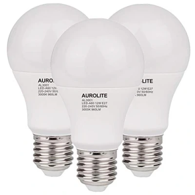 Image of AUROLITE Pack of 3 LED Bulbs, A60/GLS, E27/ES Cap, 12 Watts (100 Equivalent) 960 Lumens, Warm White (3000K), Ideal for Living Room, Bedroom, Kitchen, Hallway, Hotel, B&amp;B