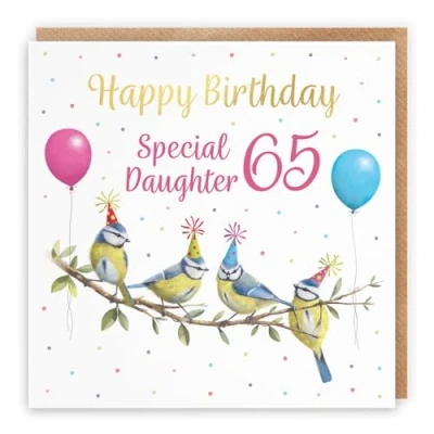 Image of Hunts England 65th Daughter Blue Tits Birthday Card Luxury Gold Foil Milo&#039;s Gallery Age 65 Wildlife Funny For Year Old Animal Fan Sixty Five