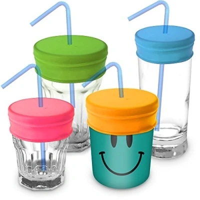 Image of iGadgitz Home Reusable 100% Food Grade BPA Free Soft Silicone Spill Proof Travel Straw Lids for Most Drinking Cups &amp; Glasses Pack of 4 (Pink, Yellow, Green, Blue)