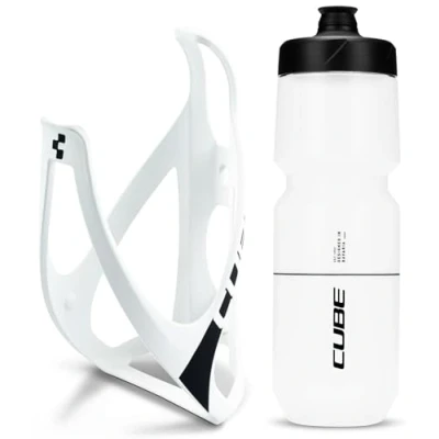 Image of Cube HPP Cage Matt White/Black &amp; Icon Bottle Clear, 750ml / Water Drink Flask Vessel Bidon Holder Mount Bracket Kit Lightweight Plastic Drinking Hydration Biking Bike Riding Frame Accessories