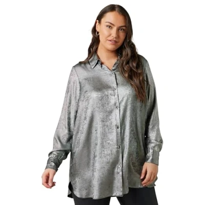 Image of EVANS Curve Metallic Long Sleeve Shirt Women&#039;s Plus Size Silver