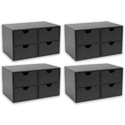 Image of OSCO Black Faux Leather 4 Drawer Chest Pack Stationery Organiser Stackable Makeup Container Jewellery Box Not A4 Size H18.5 x W33 D20.5 cm
