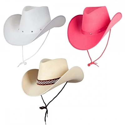 Image of Pack of 3 Texan Cowboy Hats (White, Pink, Classic Sand) : Adult Unisex Cowgirl Fancy Dress Wild West Rodeo Accessory …
