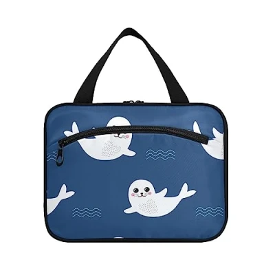 Image of Moyyo Cute Cartoo Fur Seal Animals Hanging Toiletry Bag Travel Wash with Hooks Waterproof Large Makeup Organiser Cosmetic Bags for Women Men Boys Girls Kids