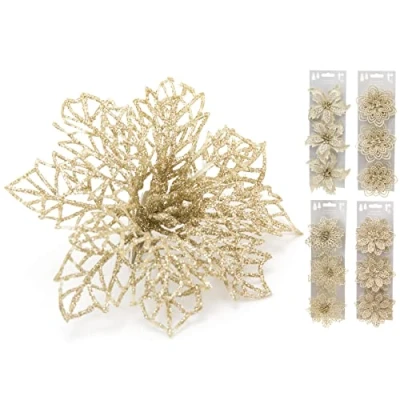 Image of Pack Of 4 Champagne Gold Christmas Tree Flower Decorations Glitter Poinsettia Flowers Wreath Artificial Decor