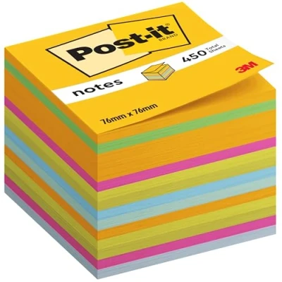 Image of Post it Notes Cube, Ultra Colours, 1 Pad, 76 mm x mm, 450 Sheets Extra Sticky for Walls, Monitors and Fridge