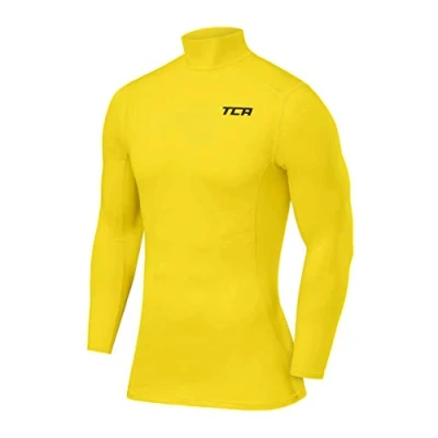 Image of TCA Men&#039;s Pro Performance Compression Base Layer Long Sleeve Top Mock Neck Sonic Yellow, S