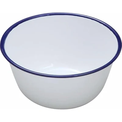 Image of Premium Quality Traditional Enamel White Blue Trim Rice Plate, Pasta Bowl, Dinner Round Pie Soup Mixing Deep Dish Tableware Crockery (Pudding Basin 12cm)