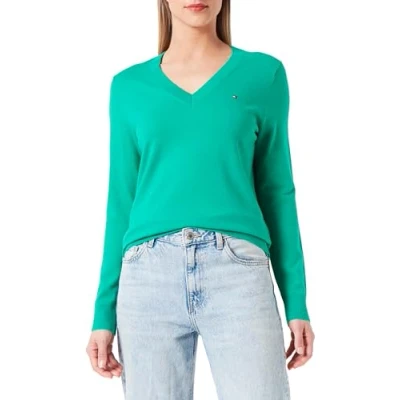 Image of Tommy Hilfiger Women Jumper Jersey V Neck, Green (Olympic Green), XS