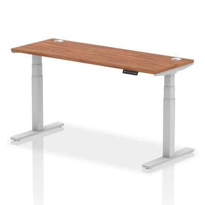 Image of Air 1600x600mm Height Adjustable Desk Walnut Cable Ports Silver Leg