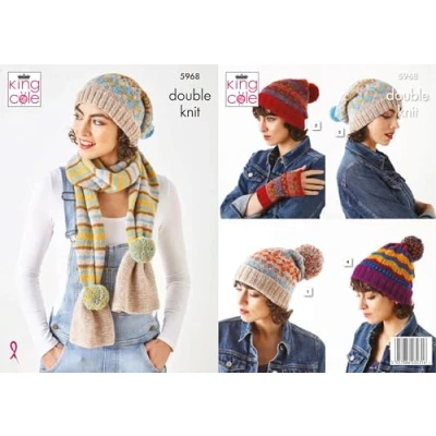 Image of King Cole 5968 Adult DK Hat Scarf Hand Warmers Knitting Pattern