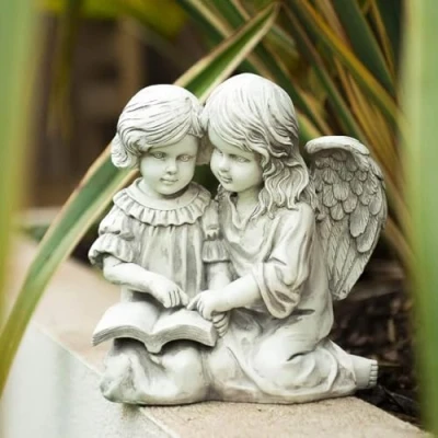 Image of Garden Mile Beautiful Angel, Cute Cherub, Wizard and Elf Sculptures, Statue Ornaments, White Stone Effect, Ideal for Gardens Patio, Pond, Waterproof, Weatherproof (Reading Angel)