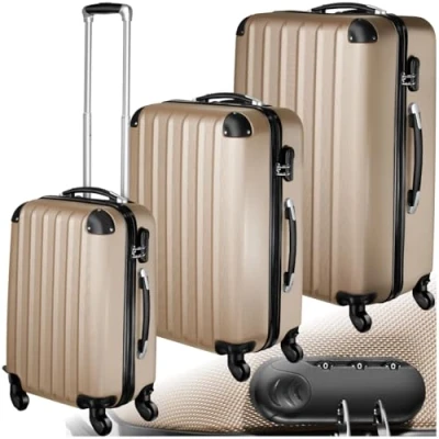 Image of TecTake® Hard Shell Suitcase, Set of 3, Including Extra Large, and Medium Size Luggage, Plus TSA Lock, 360 Swivel Wheels, Ergonomic Telescopic Handle Expansion Champagne