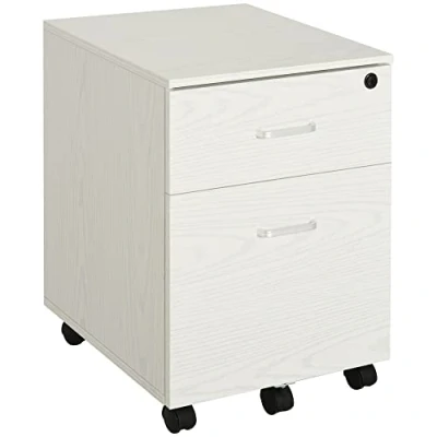Image of Vinsetto 2 Drawer Locking Office Filing Cabinet w/ 5 Wheels Rolling Storage Hanging Legal Letter Files Cupboard Home Organisation, White Wood Grain