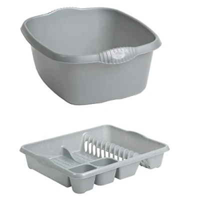 Image of Large Dish Drainer and Rectangular Washing Up Bowl Plastic Home/Office/Kitchen Silver/Grey Set of 2