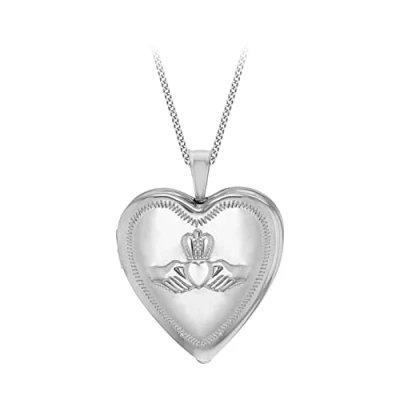 Image of Tuscany Silver Women&#039;s Sterling Rhodium Plated 19.5 mm Heart Claddagh Locket Pendant on Adjustable Curb Chain Necklace of Length 46 cm/18 Inch