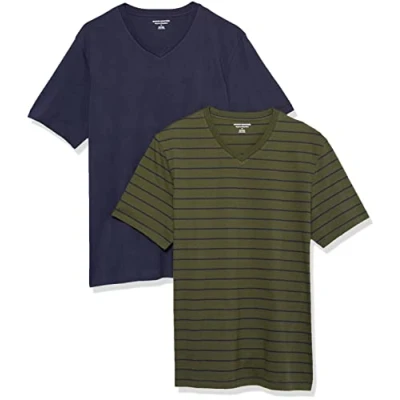 Image of Amazon Essentials Men&#039;s Regular Fit Short Sleeved V Neck T Shirt (Available in Big and Tall), Pack of 2, Navy/Olive/Stripes, M