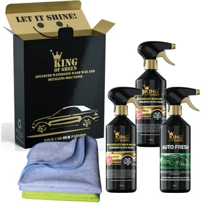 Image of King of Sheen Advanced Ultra Nano Waterless Wash and Wax Car Clean Refresh Kit. 2 x 500ml Nano, Auto Fresh Microfiber Cloths