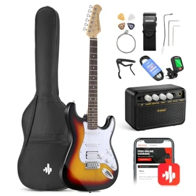 Image of Donner 39 Inch Electric Guitar Beginner Kit Sunburst Full Size Starter Package HSS Pick Up with All Accessories Amp Online Lesson Bag Tuner Capo Strap String Cable Picks DST 100S