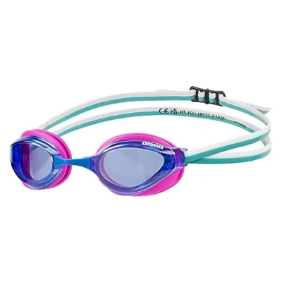 Image of Arena Unisex Python Racing Swim Goggles for Men and Women Anti Fog Non Mirror Lens Max Comfort Dual Strap, Blue/Fuchsia/Water