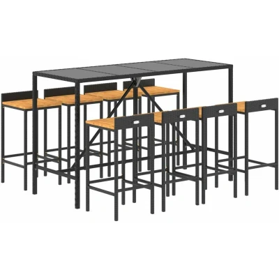 Image of vidaXL 9 Piece Garden Bar Set Black Poly Rattan&amp; Solid Wood Acacia