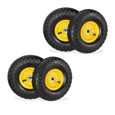 Image of Relaxdays Wheelbarrow, Set of 4, 4.10/3.50 Pneumatic Tyre, 16mm Axle, 136kg, Steel Rim, 260x85 mm, Black/Yellow, Rubber, 26 x 8.5 cm