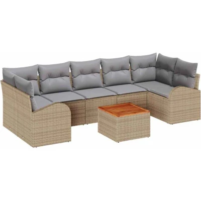 Image of vidaXL 8 Piece Garden Sofa Set with Cushions Beige Poly Rattan Acacia