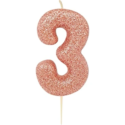 Image of Anniversary House Metallic Rose Gold Glitter Candle, Number 3, 3rd Birthday Cake Topper, 7 Centimeters, AHC50/3