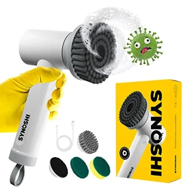 Image of Synoshi Electric Cleaning Brush, Spin Scrubber with 3 Replaceable Heads, 2 Adjustable Speeds, Cordless Perfect for Bathrooms, Showers, Tile, Cars, Floor and more, White/ Gray 11,6 cm x 18