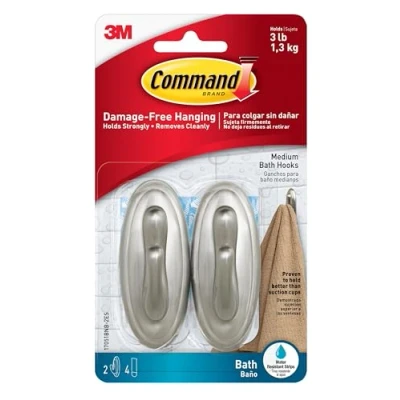 Image of Command Medium Bath Hooks, Holds up to 3 lb, 2 Shower 4 Water Resistant Strips, Brushed Nickel Colored, Damage Free Bathroom Organization for Robes, Towels, or Loofahs