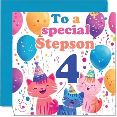 Image of 4th Step Son Birthday Card Cute Cats Special Happy for from Mum Dad, 145mm x Age 4 Four Greeting Cards