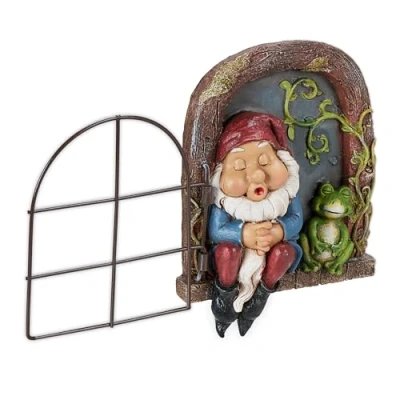 Image of Relaxdays Gnome with Window, Weatherproof Garden Decoration, Hanging on Tree or Wall, HxWxD: 17 x 12 4.5 cm, Colourful, 80% polyresin 20% iron