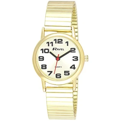Image of Ravel Women&#039;s Easy Read Watch with Big Numbers on Stainless Steel Expander Bracelet Gold Tone/Champagne Dial