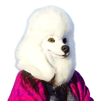Image of CreepyParty White Poodle Mask Dog Head Latex Realistic Animal Full for Halloween Costume Party Carnival Cosplay