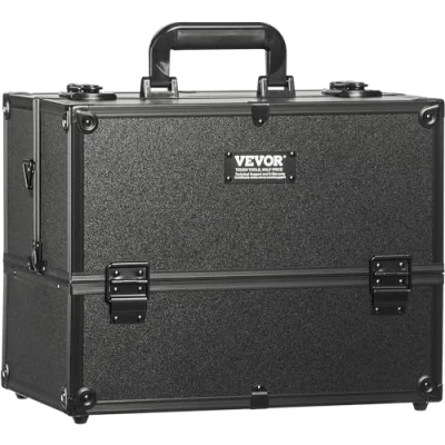 Image of VEVOR Makeup Train Case 370MM Large Portable Cosmetic Case, 6 Tier Trays Professional Storage Organizer Box Make Up Carrier with Handle and Strap Travel for Women Girls Black