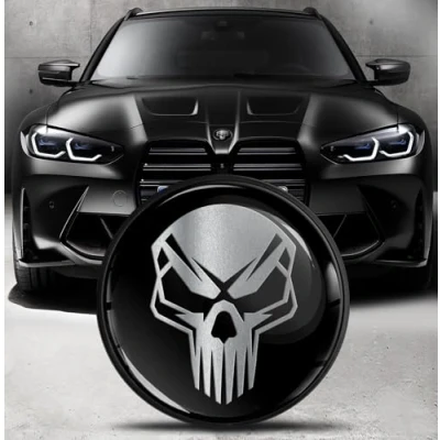 Image of Biomar Labs Front Hood Trunk Tuning Badge 82 mm Compatible with BMW Emblem 51148132375 Black Silver Skull EO 19