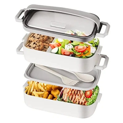 Image of Bento Box Lunch for Adult, Stackable with 2 Compartment, Include Utensil Set, Leak Proof Container, Safe Microwave and Dishwasher, BPA Free 1600ML White