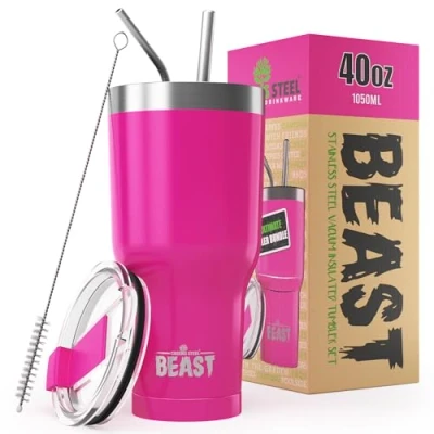 Image of Beast Tumbler 1050 ml (40 oz), Cup Cake Pink Reusable Stainless Steel, Vacuum Insulated with + 2 Straws &amp; Cleaning Brush Double Wall Travel Flask Perfect for Hot or Iced Coffee BPA Free