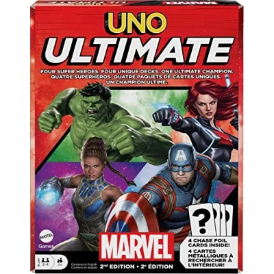 Image of Mattel Games UNO Ultimate Marvel Card Game with 4 Character Decks, Collectible Foil Cards &amp; Special Rules, 2 Players, 2nd Edition