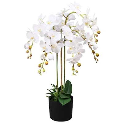 Image of vidaXL Artificial Orchid Plant with Pot 75 cm Lifelike Indoor Decor Polyester Leaves &amp; Flowers in Elegant White Colour