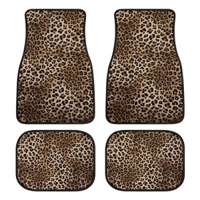 Image of Leopard Print Car Floor Mats Set of 4,Leopard Animal Skin Pattern Vehicle Front Rear Carpets Mat Decorative Rugs Non Slip Auto Accessories Universal Fit for SUV Truck Van